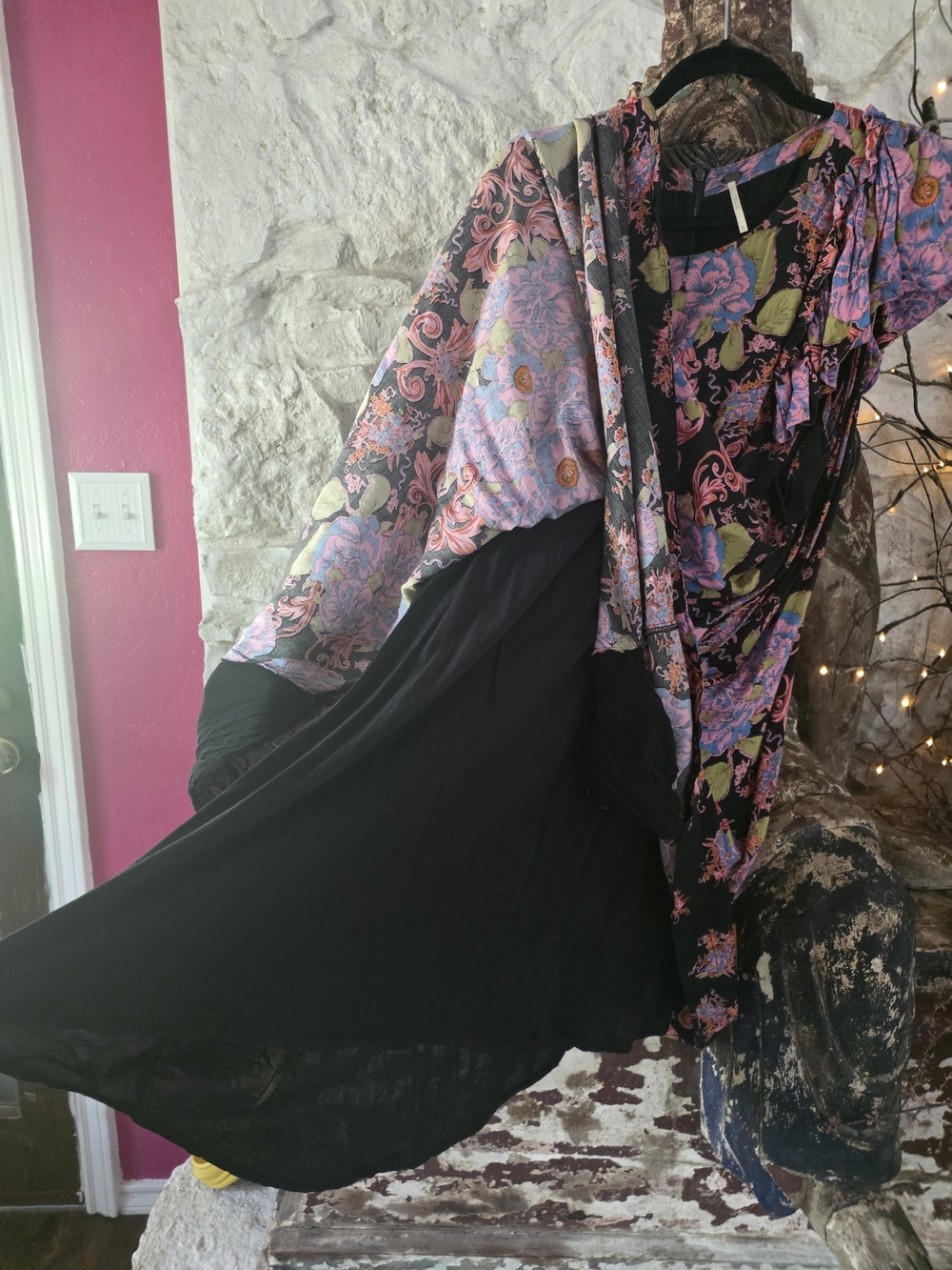 Free People Black Flowers Floral Swing Dress with Pink & Blue Flowers - Picture 6 of 11